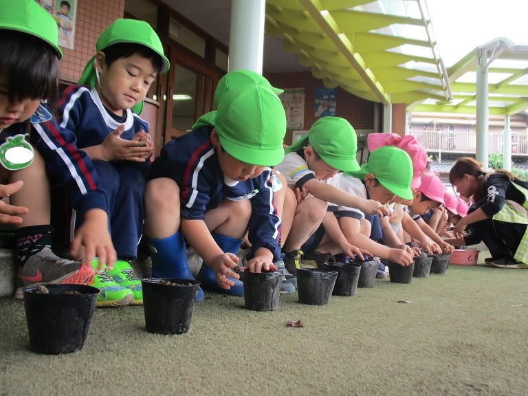 5月 遠足・土手すべり・園外保育・さつま芋苗植え・サッカー教室・かきかた教室・英語教室始まり（年長）
